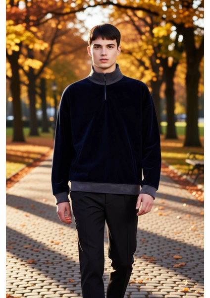 Erkek Dik Yaka Fermuar Detaylı Düşük Kol Polar Sweatshirt Fonksiyonel Dayanıklı Kaliteli Şık