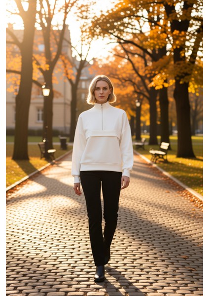 Kadın Dik Yaka Düşük Kol Fermuarlı Örme Sweatshirt Fonksiyonel Dayanıklı Kaliteli Konforlu