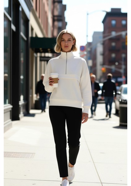 Kadın Dik Yaka Düşük Kol Fermuarlı Örme Sweatshirt Fonksiyonel Dayanıklı Kaliteli Konforlu fiyatları