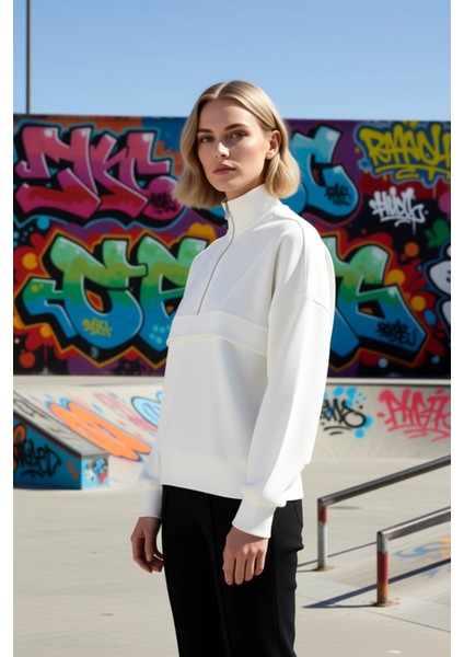 Kadın Dik Yaka Düşük Kol Fermuarlı Örme Sweatshirt Fonksiyonel Dayanıklı Kaliteli Konforlu indirimleri