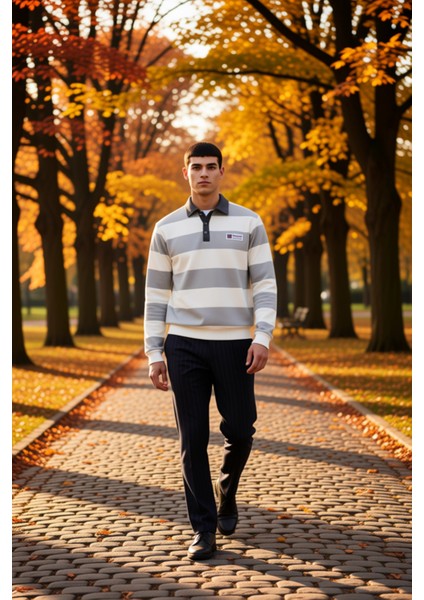 Erkek Polo Yaka Standart Kol Çizgili Sweatshirt Fonksiyonel Dayanıklı Kaliteli Konforlu Şık