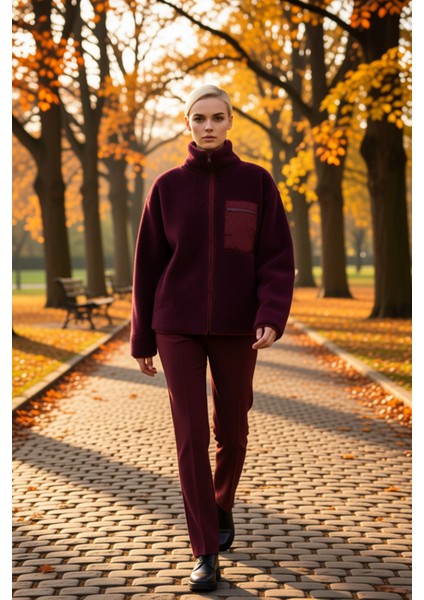 Kadın Dik Yaka Düşük Kol Tam Fermuarlı Peluş Sweatshirt Fonksiyonel Dayanıklı Kaliteli Şık