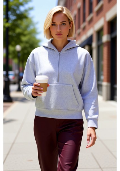 Kadın Kapüşonlu Düşük Kol Fermuarlı Geniş Kesim Örme Sweatshirt Fonksiyonel Dayanıklı Spor fiyatları