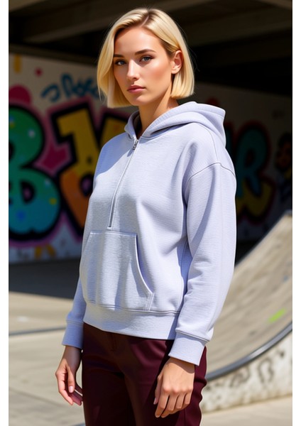 Kadın Kapüşonlu Düşük Kol Fermuarlı Geniş Kesim Örme Sweatshirt Fonksiyonel Dayanıklı Spor indirimleri