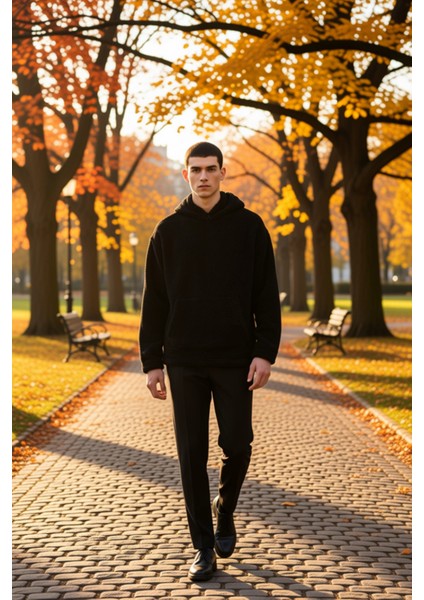 Erkek Kapüşonlu Düşük Uzun Kollu Örme Polar Dokuma Oversize Geniş Kesim Retro Desenli Sweatshirt