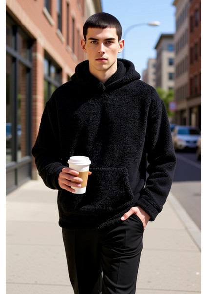 Erkek Kapüşonlu Düşük Uzun Kollu Örme Polar Dokuma Oversize Geniş Kesim Retro Desenli Sweatshirt fiyatları