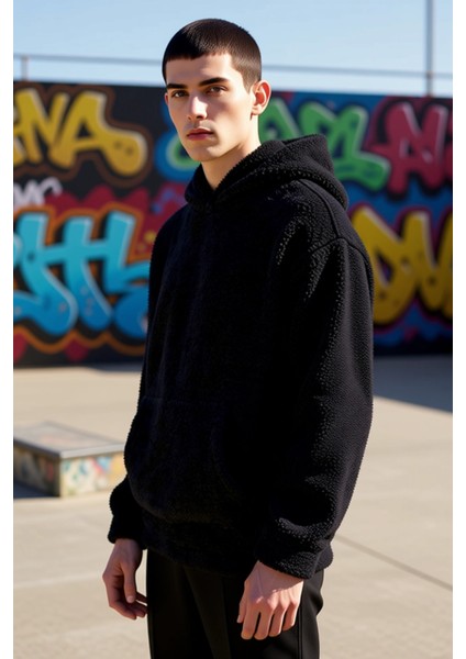 Erkek Kapüşonlu Düşük Uzun Kollu Örme Polar Dokuma Oversize Geniş Kesim Retro Desenli Sweatshirt indirimleri