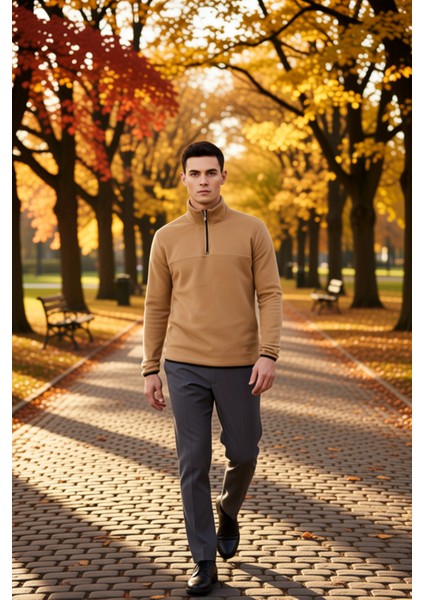 Erkek Dik Yaka Fermuarlı Standart Kol Polar Sweatshirt Fonksiyonel Dayanıklı Kaliteli Spor