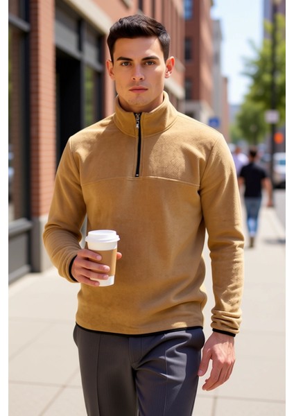 Erkek Dik Yaka Fermuarlı Standart Kol Polar Sweatshirt Fonksiyonel Dayanıklı Kaliteli Spor fiyatları