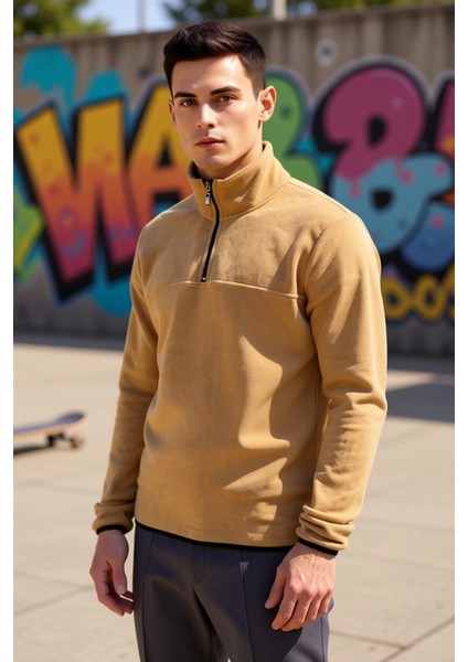 Erkek Dik Yaka Fermuarlı Standart Kol Polar Sweatshirt Fonksiyonel Dayanıklı Kaliteli Spor indirimleri