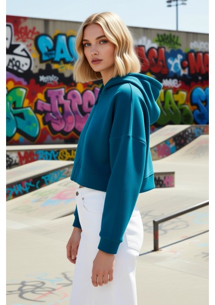 Kadın Kapüşonlu Fermuarlı Düşük Kol Örme Sweatshirt Fonksiyonel Dayanıklı Kaliteli Estetik indirimleri