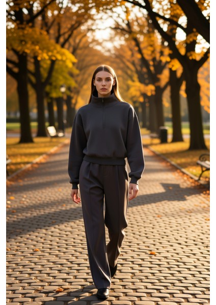 Kadın Fermuarlı Dik Yaka Düşük Kol Örme Sweatshirt Fonksiyonel Dayanıklı Kaliteli Konforlu