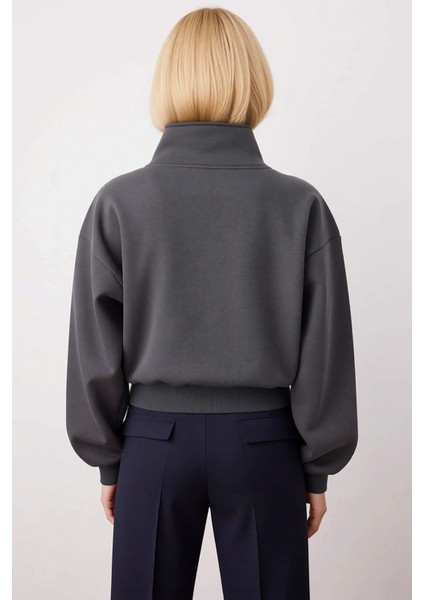 Kadın Fermuarlı Dik Yaka Düşük Kol Örme Sweatshirt Fonksiyonel Dayanıklı Kaliteli Konforlu fırsatları