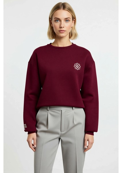 Kadın Bisiklet Yaka Düşük Kol Nakışlı Regular Kalıp Sweatshirt Fonksiyonel Dayanıklı Rahat modelleri