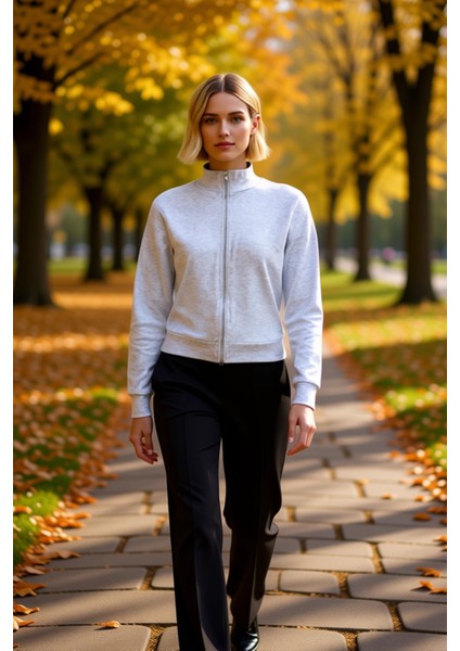 Kadın Dik Yaka Tam Fermuarlı Standart Kol Örme Sweatshirt Fonksiyonel Dayanıklı Kaliteli Şık