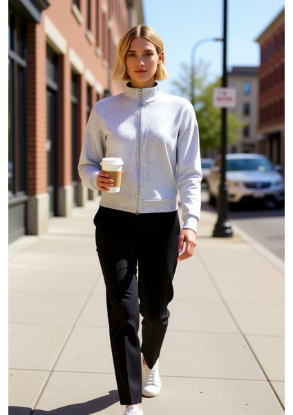 Kadın Dik Yaka Tam Fermuarlı Standart Kol Örme Sweatshirt Fonksiyonel Dayanıklı Kaliteli Şık fiyatları