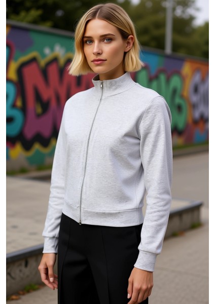 Kadın Dik Yaka Tam Fermuarlı Standart Kol Örme Sweatshirt Fonksiyonel Dayanıklı Kaliteli Şık indirimleri