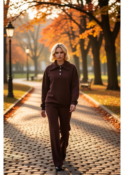 Kadın Polo Yaka Düşük Kol Örme Sweatshirt Fonksiyonel Dayanıklı Kaliteli Konforlu Estetik Şık