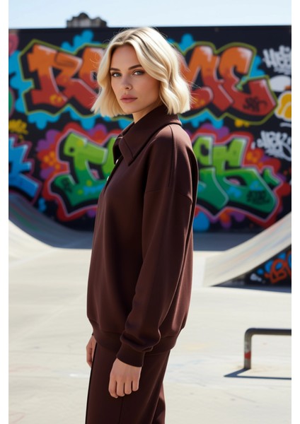 Kadın Polo Yaka Düşük Kol Örme Sweatshirt Fonksiyonel Dayanıklı Kaliteli Konforlu Estetik Şık indirimleri