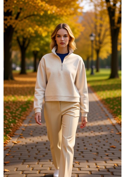 Kadın Dik Yaka Düşük Kol Yarım Pat Fermuarlı Sweatshirt Fonksiyonel Dayanıklı Kaliteli Şık