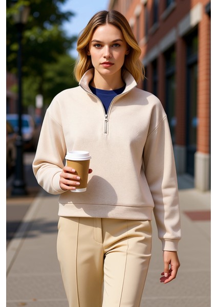 Kadın Dik Yaka Düşük Kol Yarım Pat Fermuarlı Sweatshirt Fonksiyonel Dayanıklı Kaliteli Şık fiyatları