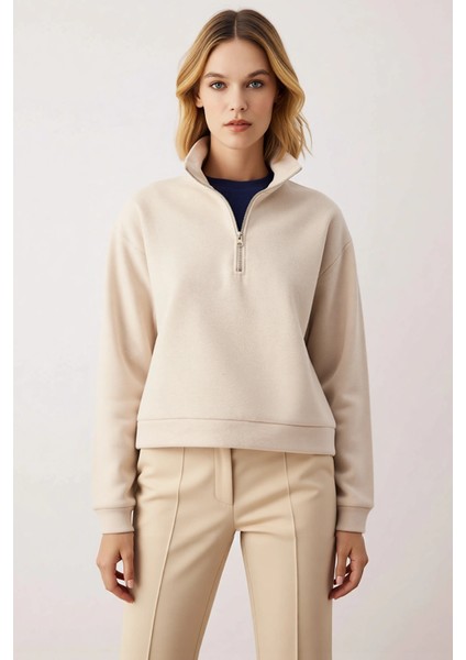 Kadın Dik Yaka Düşük Kol Yarım Pat Fermuarlı Sweatshirt Fonksiyonel Dayanıklı Kaliteli Şık modelleri