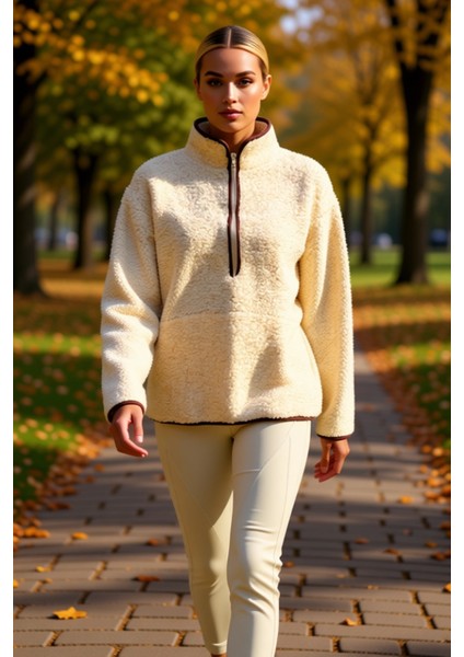 Kadın Dik Yaka Düşük Kol Peluş Örme Sweatshirt Fonksiyonel Dayanıklı Kaliteli Konforlu Şık