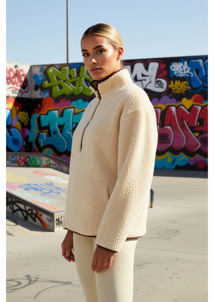 Kadın Dik Yaka Düşük Kol Peluş Örme Sweatshirt Fonksiyonel Dayanıklı Kaliteli Konforlu Şık indirimleri