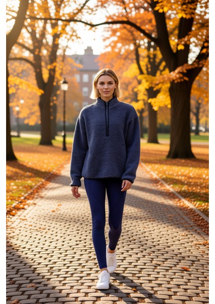 Kadın Dik Yaka Düşük Kol Peluş Örme Sweatshirt Fonksiyonel Dayanıklı Kaliteli Konforlu Şık