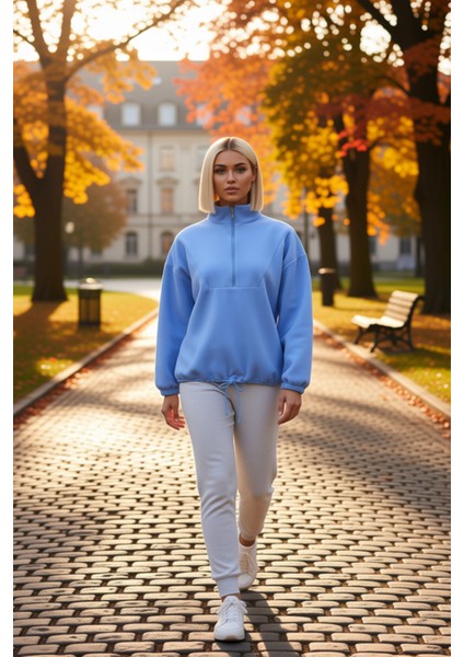 Kadın Dik Yaka Fermuarlı Polar Regular Kalıp Sweatshirt Fonksiyonel Dayanıklı Kaliteli Şık