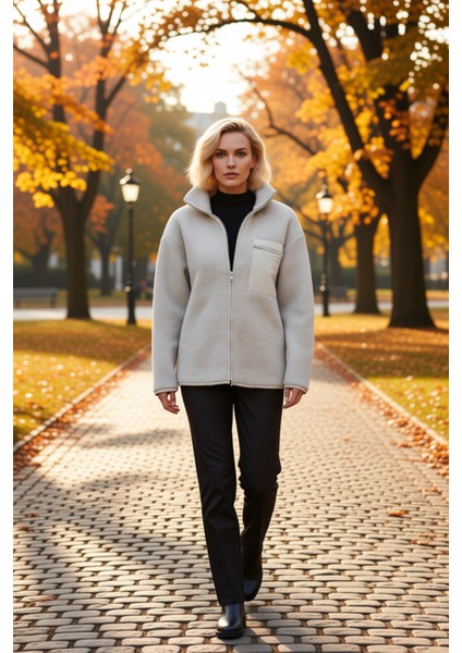 Kadın Dik Yaka Düşük Kol Tam Fermuarlı Peluş Sweatshirt Fonksiyonel Dayanıklı Kaliteli Şık