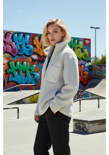 Kadın Dik Yaka Düşük Kol Tam Fermuarlı Peluş Sweatshirt Fonksiyonel Dayanıklı Kaliteli Şık indirimleri