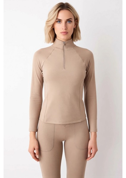 Kadın Dik Yaka Fermuarlı Reglan Kol Uzun Kollu Fitted Örme Sweatshirt Fonksiyonel Kaliteli modelleri