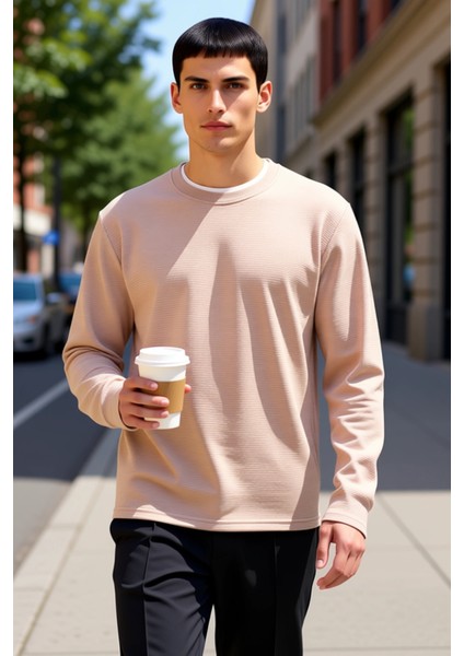 Erkek Bisiklet Yaka Standart Kol Regular Kalıp Dokulu Sweatshirt Fonksiyonel Dayanıklı Şık fiyatları