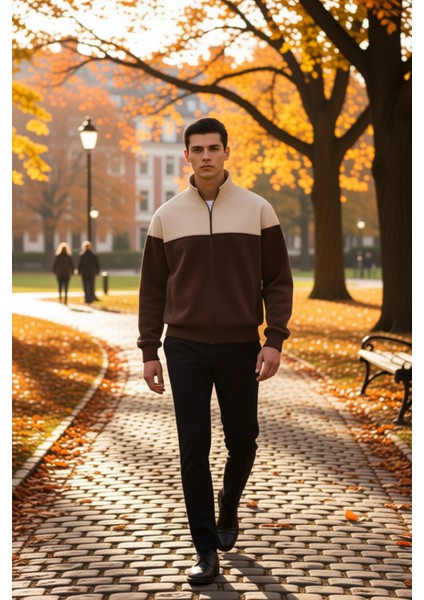 Erkek Dik Yaka Standart Kol Fermuarlı Renk Bloklu Sweatshirt Fonksiyonel Dayanıklı Estetik