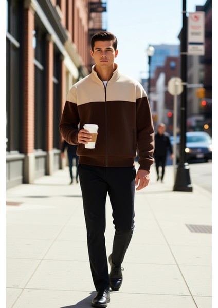 Erkek Dik Yaka Standart Kol Fermuarlı Renk Bloklu Sweatshirt Fonksiyonel Dayanıklı Estetik fiyatları