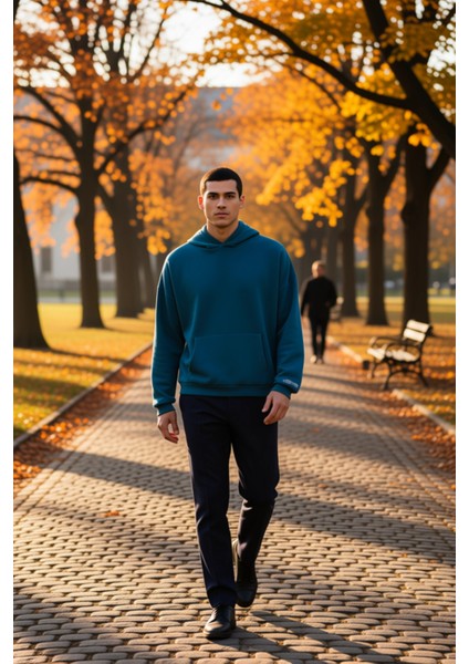 Erkek Kapüşonlu Standart Kol Oversize Kalıp Slogan Desenli Sweatshirt Fonksiyonel Kaliteli