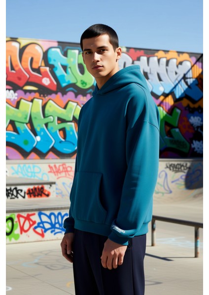 Erkek Kapüşonlu Standart Kol Oversize Kalıp Slogan Desenli Sweatshirt Fonksiyonel Kaliteli indirimleri