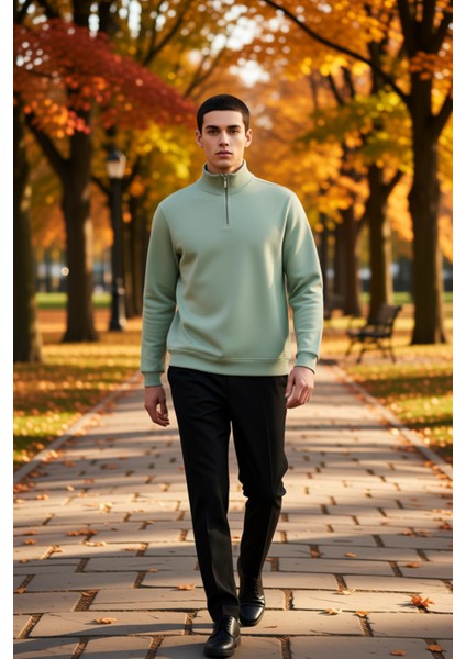 Erkek Dik Yaka Fermuarlı Standart Kol Regular Kalıp Sweatshirt Fonksiyonel Dayanıklı Rahat
