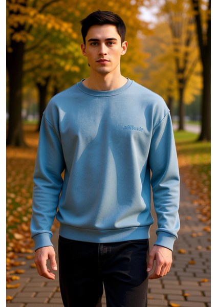 Erkek Bisiklet Yaka Düşük Kol Oversize Slogan Nakışlı Diagonal Sweatshirt Fonksiyonel Spor