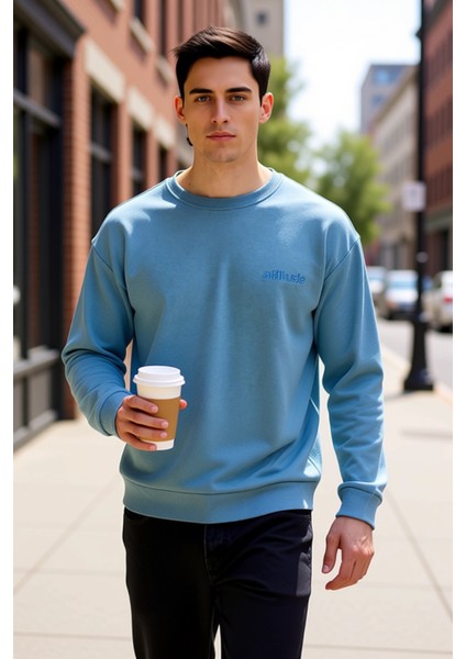 Erkek Bisiklet Yaka Düşük Kol Oversize Slogan Nakışlı Diagonal Sweatshirt Fonksiyonel Spor fiyatları