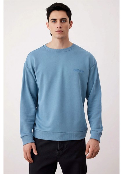 Erkek Bisiklet Yaka Düşük Kol Oversize Slogan Nakışlı Diagonal Sweatshirt Fonksiyonel Spor modelleri