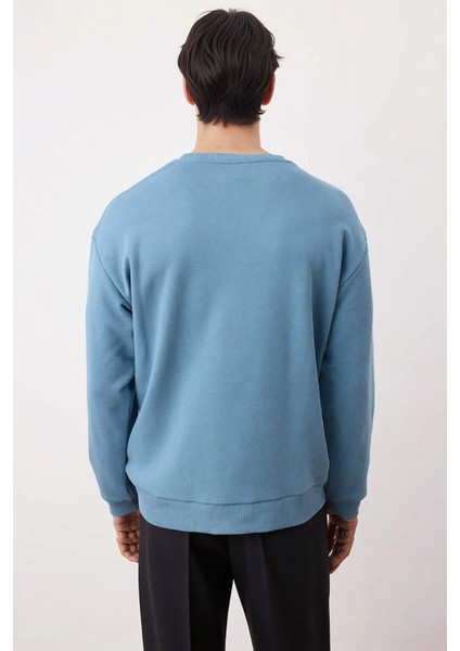 Erkek Bisiklet Yaka Düşük Kol Oversize Slogan Nakışlı Diagonal Sweatshirt Fonksiyonel Spor fırsatları