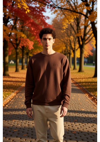 Erkek Bisiklet Yaka Düşük Kol Oversize Slogan Nakışlı Diagonal Sweatshirt Fonksiyonel Spor