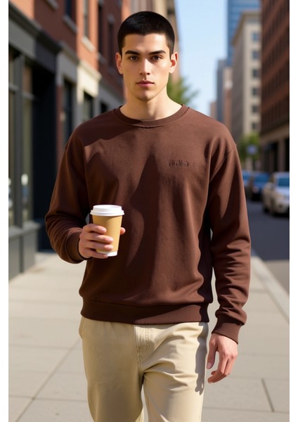 Erkek Bisiklet Yaka Düşük Kol Oversize Slogan Nakışlı Diagonal Sweatshirt Fonksiyonel Spor fiyatları