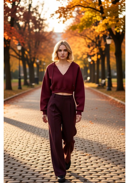 Kadın Kapüşonlu V Yaka Düşük Kol Uzun Kollu Crop Örme Sweatshirt Fonksiyonel Dayanıklı Şık