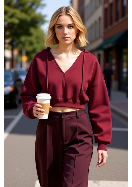 Kadın Kapüşonlu V Yaka Düşük Kol Uzun Kollu Crop Örme Sweatshirt Fonksiyonel Dayanıklı Şık fiyatları