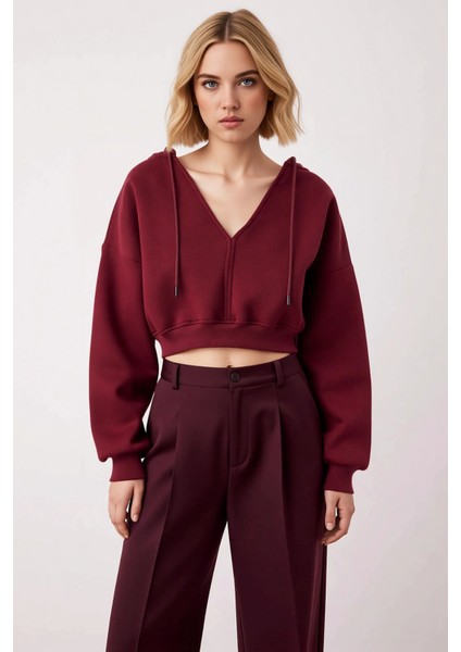 Kadın Kapüşonlu V Yaka Düşük Kol Uzun Kollu Crop Örme Sweatshirt Fonksiyonel Dayanıklı Şık modelleri