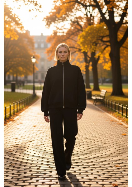 Kadın Dik Yaka Düşük Kol Fermuarlı Geniş Kalıp Sweatshirt Fonksiyonel Dayanıklı Kaliteli Şık