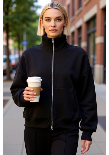 Kadın Dik Yaka Düşük Kol Fermuarlı Geniş Kalıp Sweatshirt Fonksiyonel Dayanıklı Kaliteli Şık fiyatları